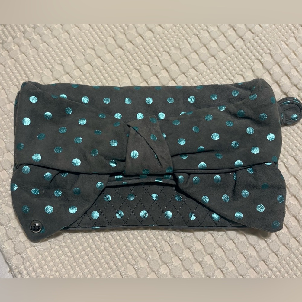 Juicy Couture Gray Suede and Teal Metallic Polka Dot Clutch Purse